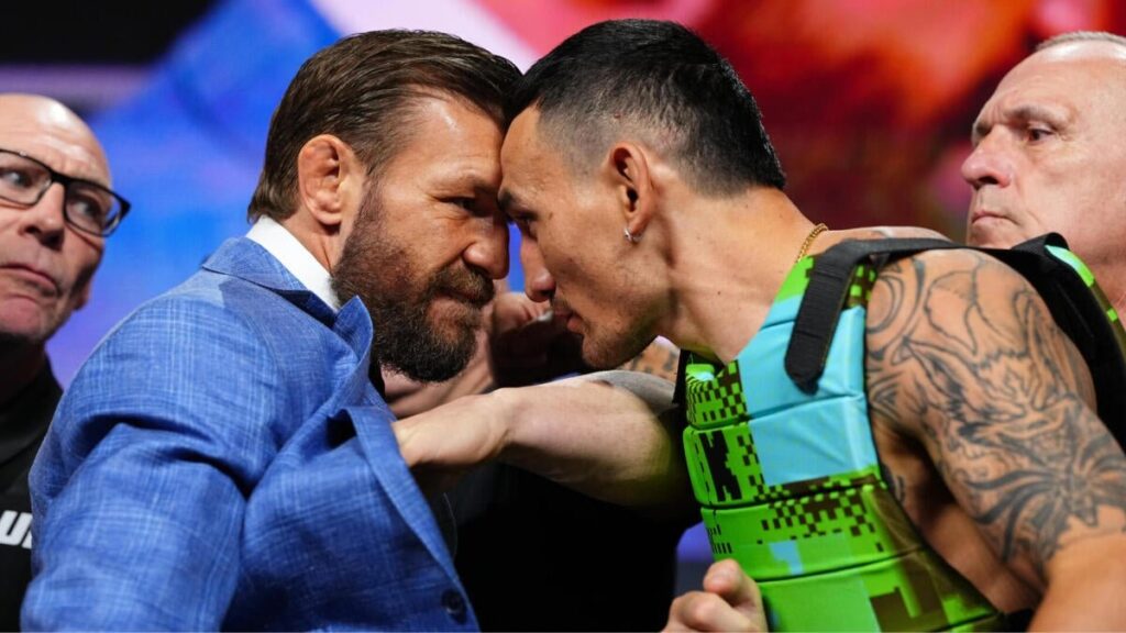McGregor e Holloway trocam empurrões em encarada tensa na coletiva do UFC 329